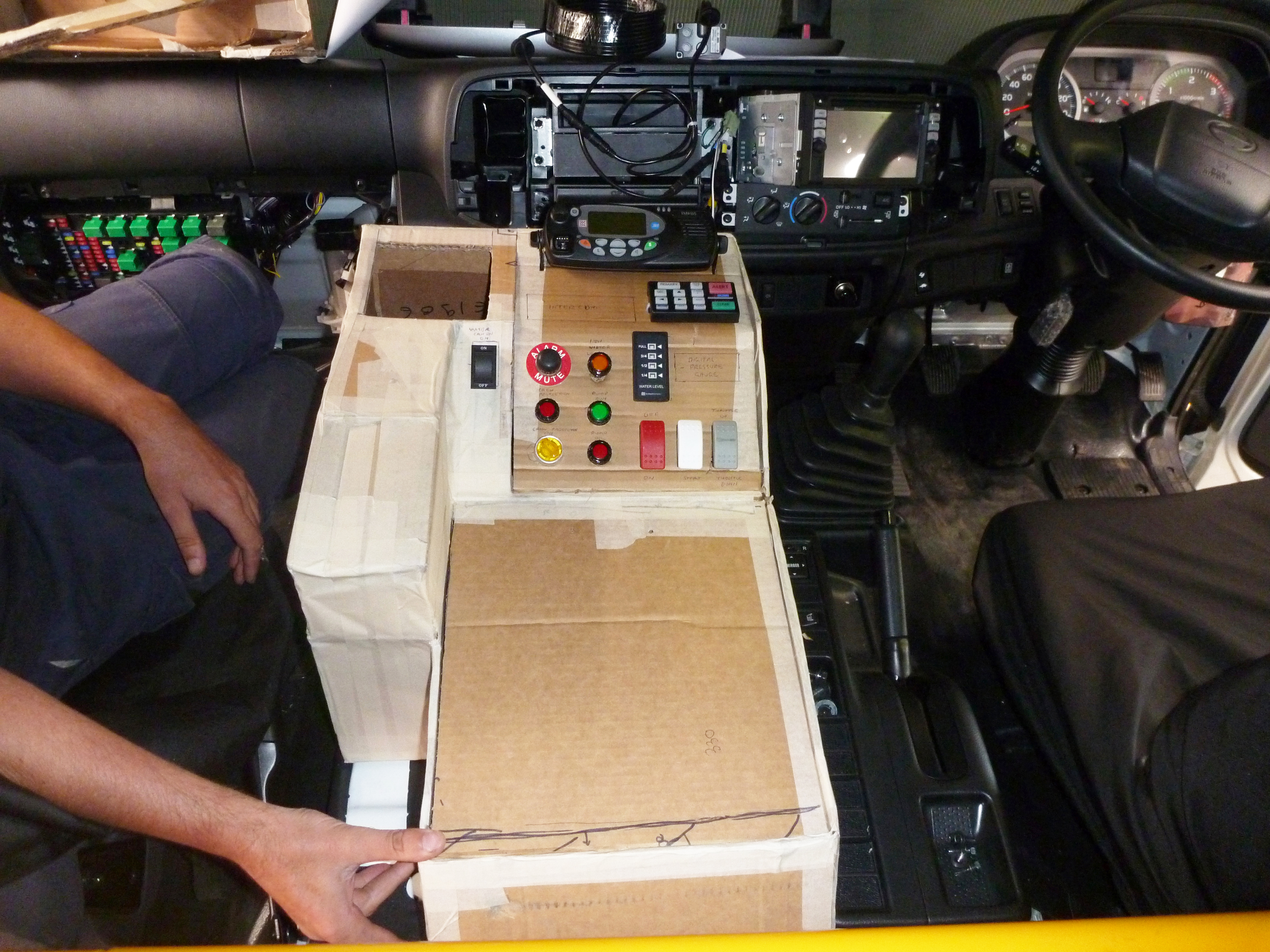 Cardboard mockup of centre console